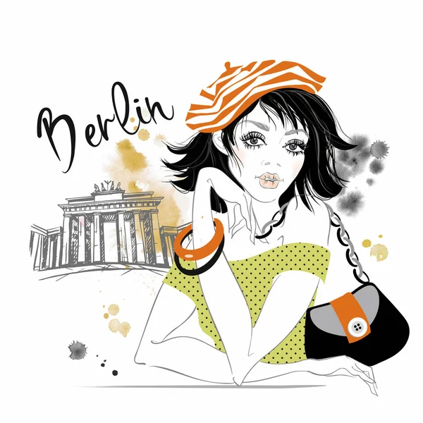 The girl travels to Germany. Berlin. Brandenburg gates. Vector. — Stock Illustration Girl Travels Germany Berlin Brandenburg Gates Vector Vector Graphics