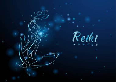 Reiki Enerji. Enerji akışı olan kız. Meditasyon. Alternatif tıp. Ezoterik. Vektör.