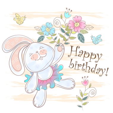 Sevimli bir Bunny ile doğum günü kartı. Vektör