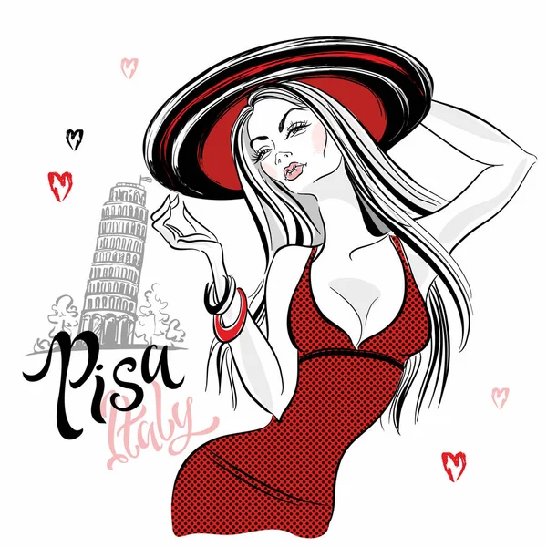 Hermosa Chica Sombrero Fondo Torre Inclinada Pisa Italia Viajar Turista — Vector de stock