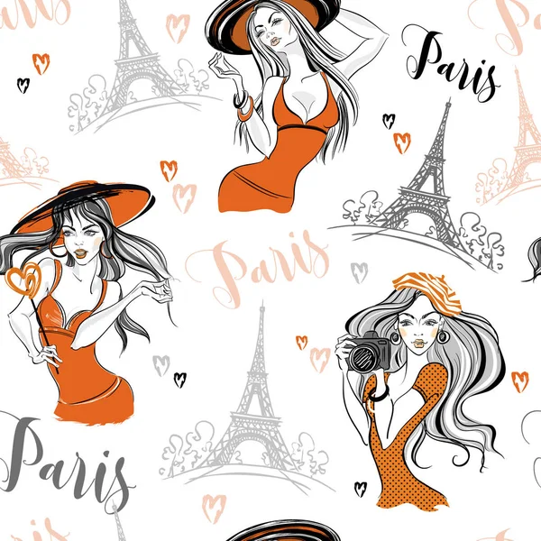 Patrón Sin Costuras Chicas Elegantes París Vector — Archivo Imágenes Vectoriales
