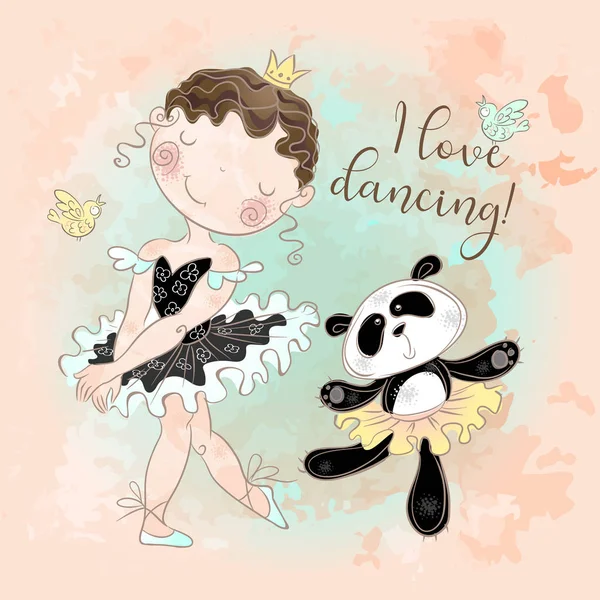 Petite Ballerine Dansant Avec Panda Ballerine Adore Danser Inscription Vecteur — Image vectorielle