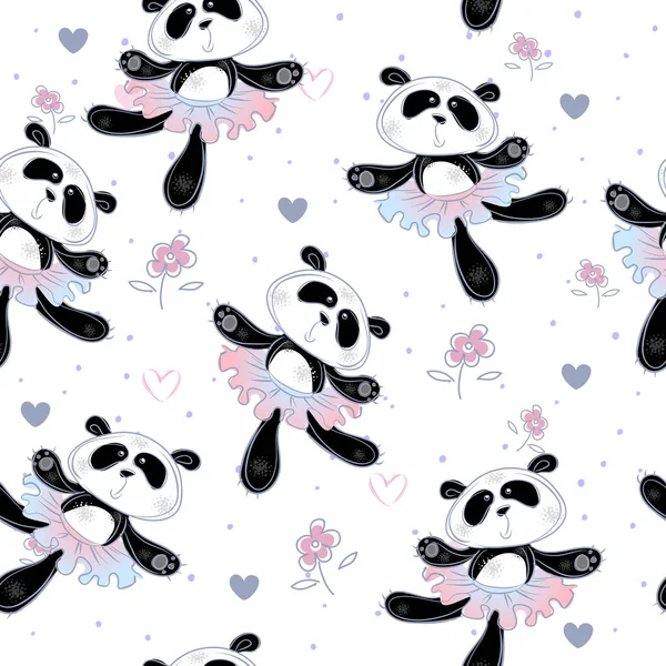 Bailarinas Pandas Bailan Patrón Sin Costuras Tejido Impresión Para Niños — Vector de stock
