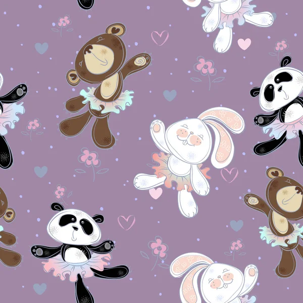 Patrón Sin Costuras Con Lindos Animalitos Conejito Oso Panda Bailarinas — Vector de stock