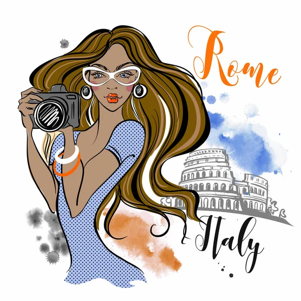 Chica Turista Viaja Roma Italia Fotógrafo Viajar Vector — Vector de stock