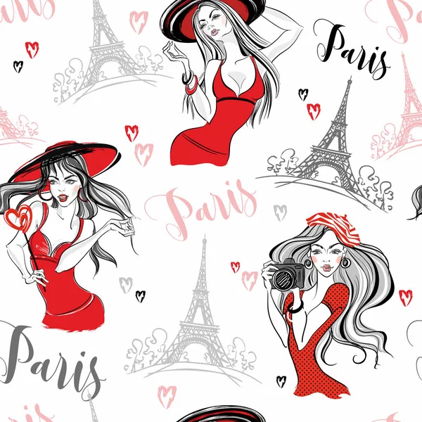 Seamless Pattern Elegant Girls Paris Vector — Stock Vector