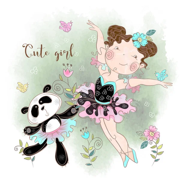 Pequena Bailarina Dançando Com Bailarina Panda Miúda Gira Inscrição Ilustração —  Vetores de Stock