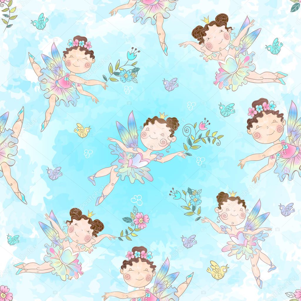 Seamless pattern with cute little magical fairies. Vector.