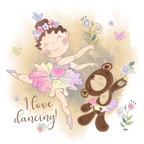 Kis Balerina Lány Táncol Egy Medve Szeretek Táncolni Felirat Vektor — Stock Vector