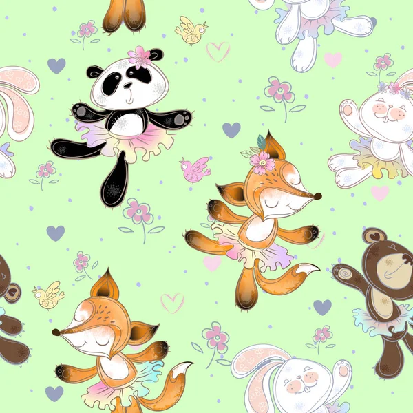 无缝模式与可爱的小动物。兔子熊，狐狸和熊猫。芭蕾舞，矢量 — 图库矢量图片