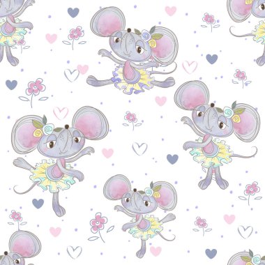 Kusursuz desen. Çayırda dans eden komik fare balerinleri. Vektör.