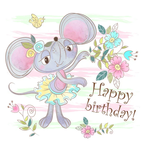 Cartão de aniversário com um mouse bonito. Vetor — Vetor de Stock