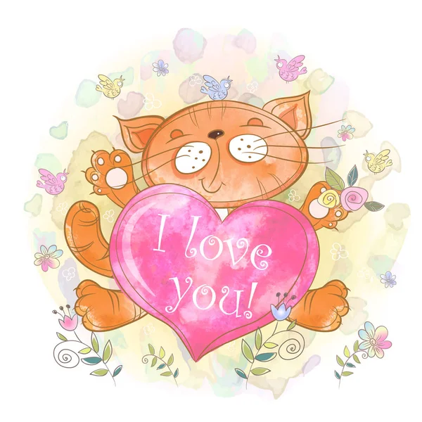 Gatinho bonito com um coração. Eu amo-te. O Valentine. Vector. Aquarela —  Vetores de Stock