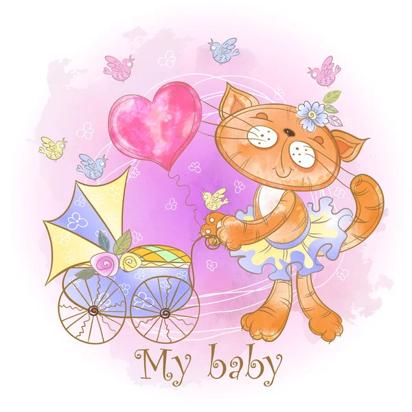 Mamá Gato Con Bebé Cochecito Bebé Baby Shower Vector Acuarela — Archivo Imágenes Vectoriales