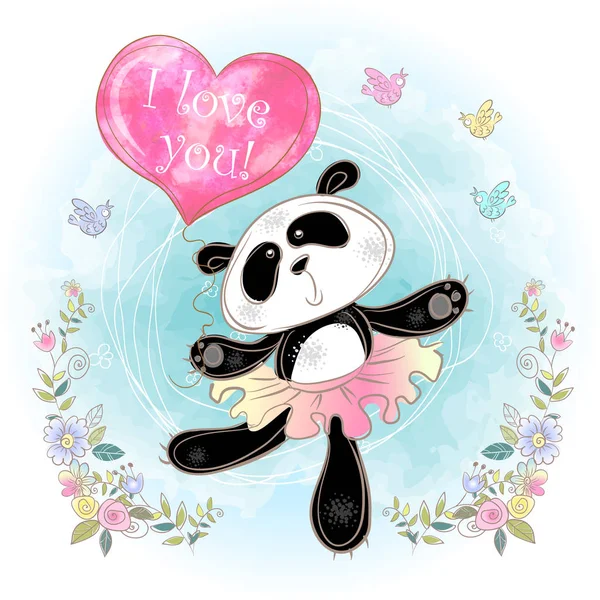 Linda Bailarina Panda Con Globo Forma Corazón Quiero Quiero Valentine — Archivo Imágenes Vectoriales