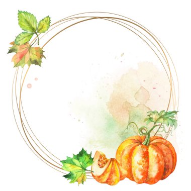 Suluboya kabak ve yaprakları ile Yuvarlak altın çerçeve. Vektör.