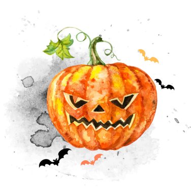 Bir kabak ile Cadılar Bayramı için şenlikli suluboya kartı. Vektör.