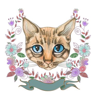 Kedi yüzü çiçek bir çerçeve içinde. Suluboya. Vektör.