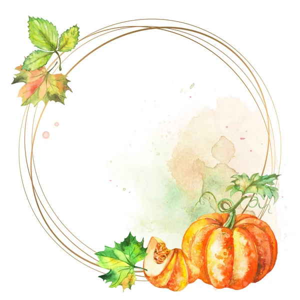 Suluboya kabak ve yaprakları ile Yuvarlak altın çerçeve. Vektör.
