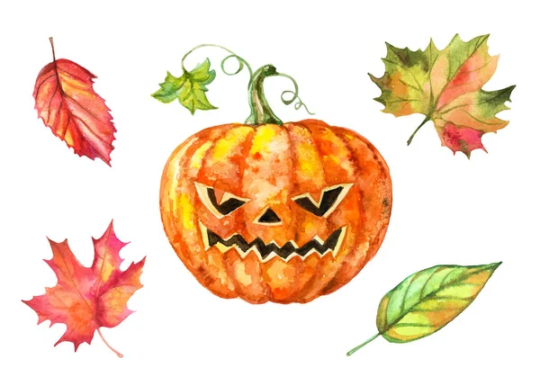 Set Elementi Acquerello Halloween Zucca Foglie Autunnali Vettore — Vettoriale Stock