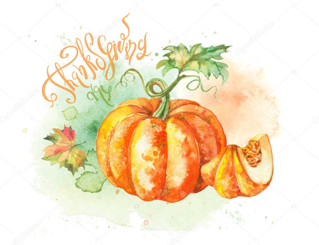 Thanksgiving day. Watercolor postcard with pumpkin. Vector.