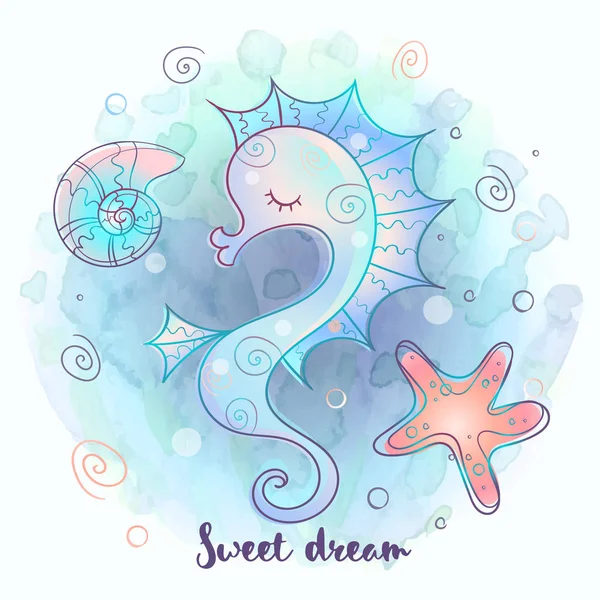 Cute Seahorse Sleeping Sweetly Sea World Vector — Stock Vector