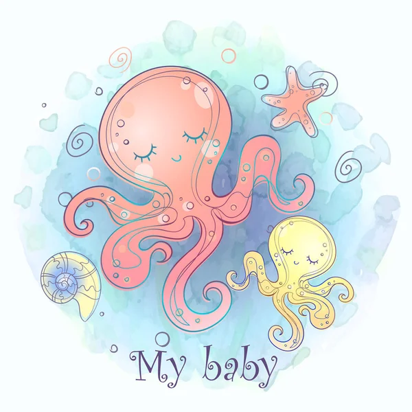 Chobotnicová Máma Batoletem Dětská Párty Akvarel Vektor — Stockový vektor