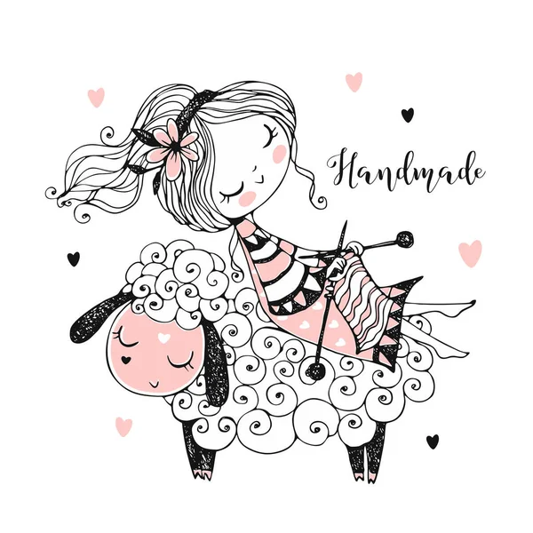 Une Jolie Fille Est Assise Sur Mouton Tricote Une Écharpe — Image vectorielle
