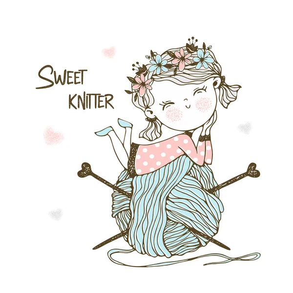 Cute Little Knitter Ogromnym Pasemko Przędzy Wektor — Wektor stockowy