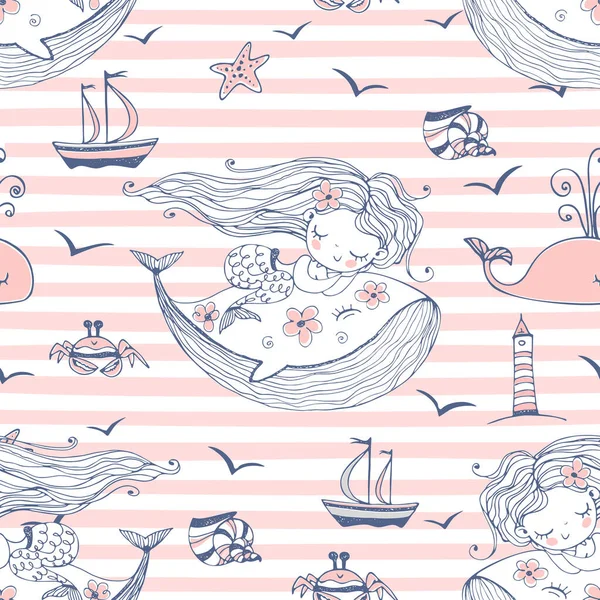 Çizgili Arka Planda Balinaların Üzerinde Uyuyan Sevimli Denizkızlarıyla Kusursuz Desenler — Stok Vektör