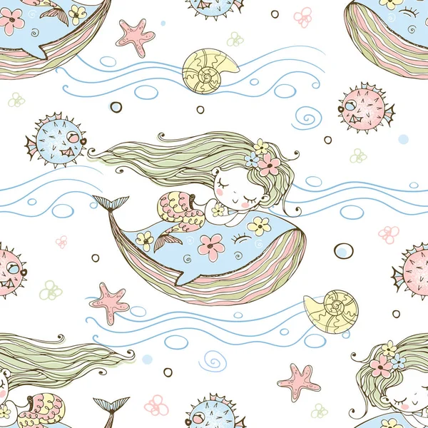 可爱的小美人鱼睡在鲸鱼身上 — 图库矢量图片