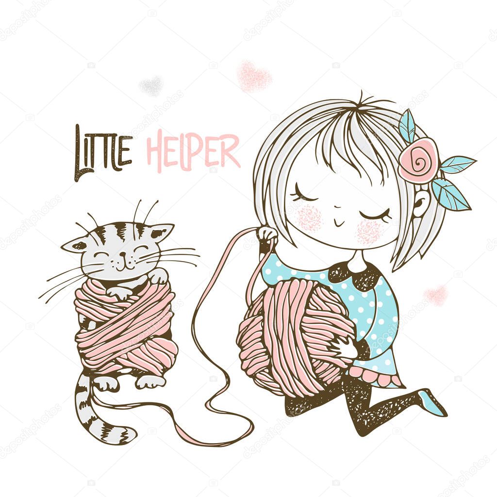 A little cute girl is winding yarn in a ball and the kitten is tangled in the threads. Vector