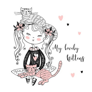 Cute girl sitting with her Pets kittens. Vector. clipart