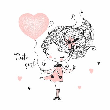 Kalp şeklinde balonu olan sevimli küçük bir kız. Vektör.