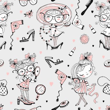 Yetişkinler gibi görünmek isteyen modaya uygun küçük şirin kızlar. Kadın aksesuarlı modacılar. Kusursuz desen. Vektör.