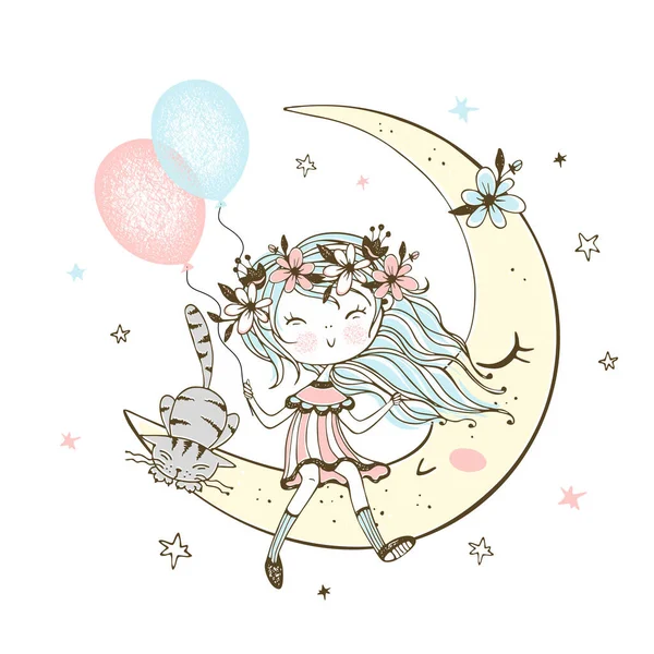 可爱的女孩 带着气球和一只猫坐在月亮上 — 图库矢量图片