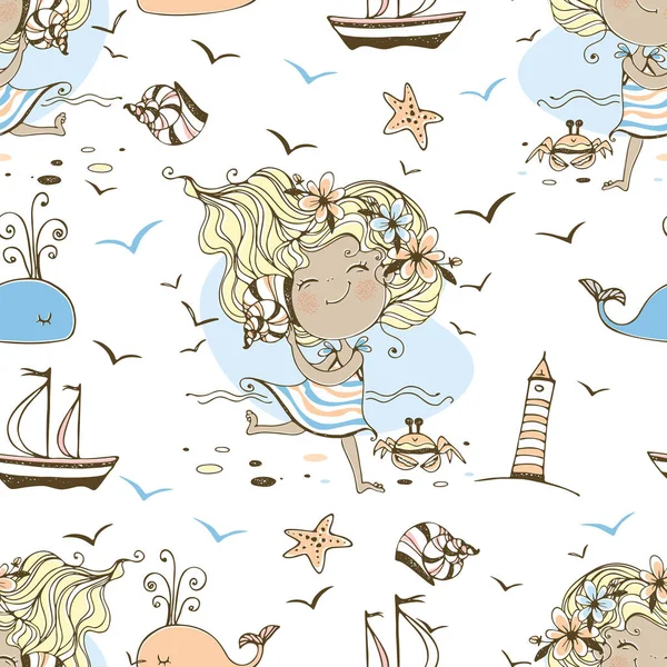 Seamless pattern on the theme of summer and the sea with cute girls on the beach. Vector.