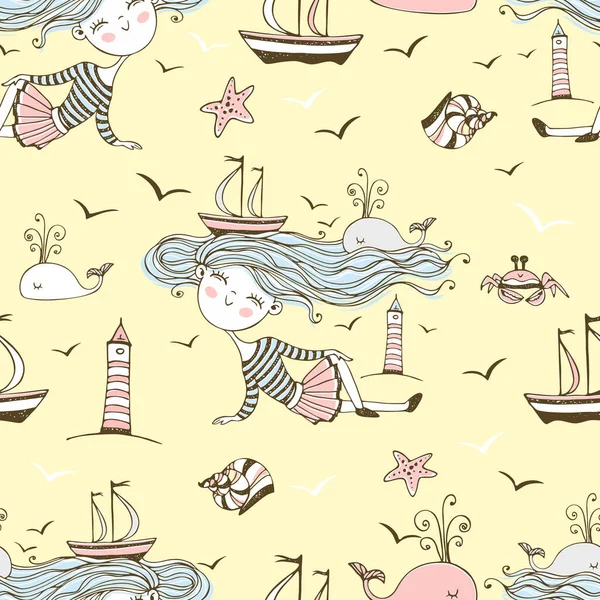 Seamless pattern on the theme of summer and the sea with cute girls on the beach. Vector.