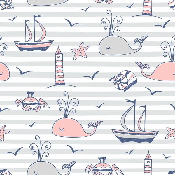 Seamless pattern on a marine theme striped background gray. Vector.