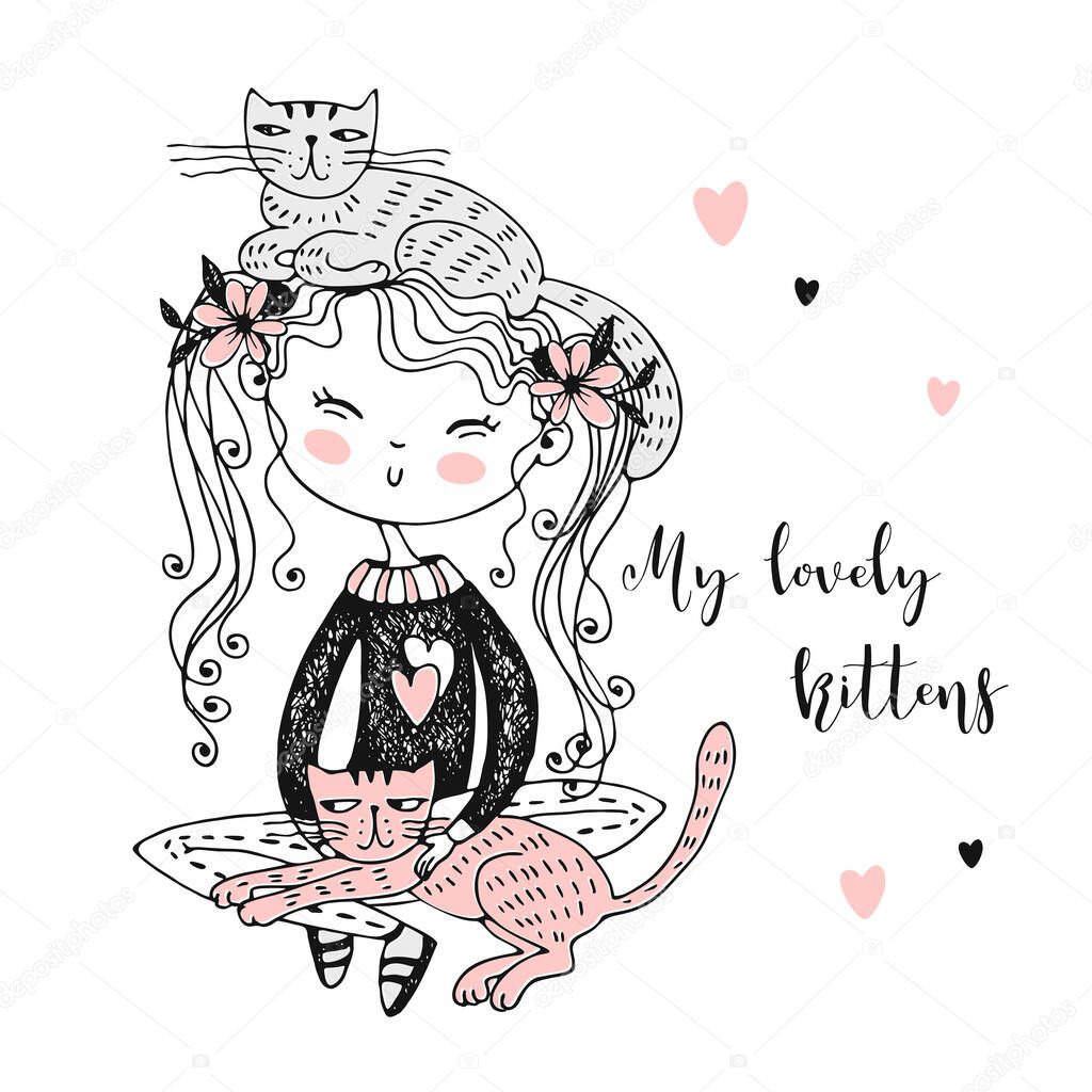 Cute girl sitting with her Pets kittens. Vector.