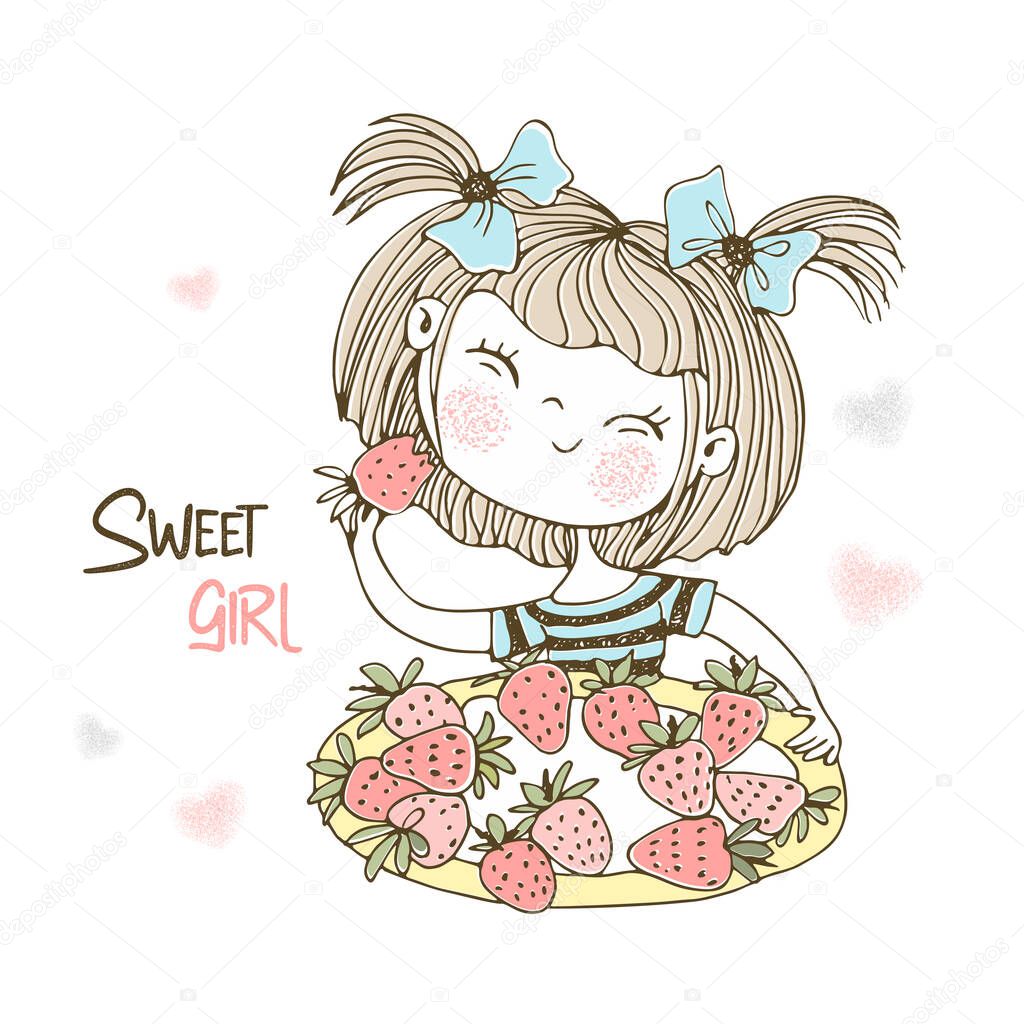 Cute little girl eating strawberries. Vector.