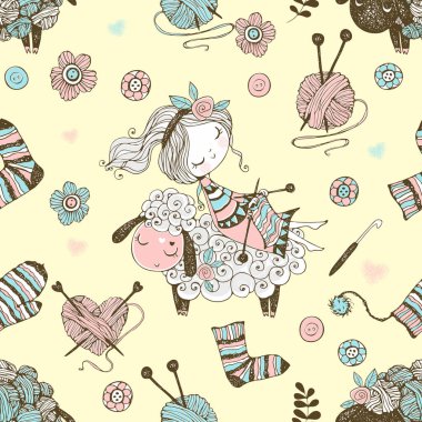 Seamless pattern with a cute knitter girl and a little sheep on the theme of knitting. Vector. clipart