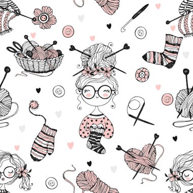 Güzel örgü ören kızlarla Doodle tarzında örgü örme temasında kusursuz desen. Vektör.