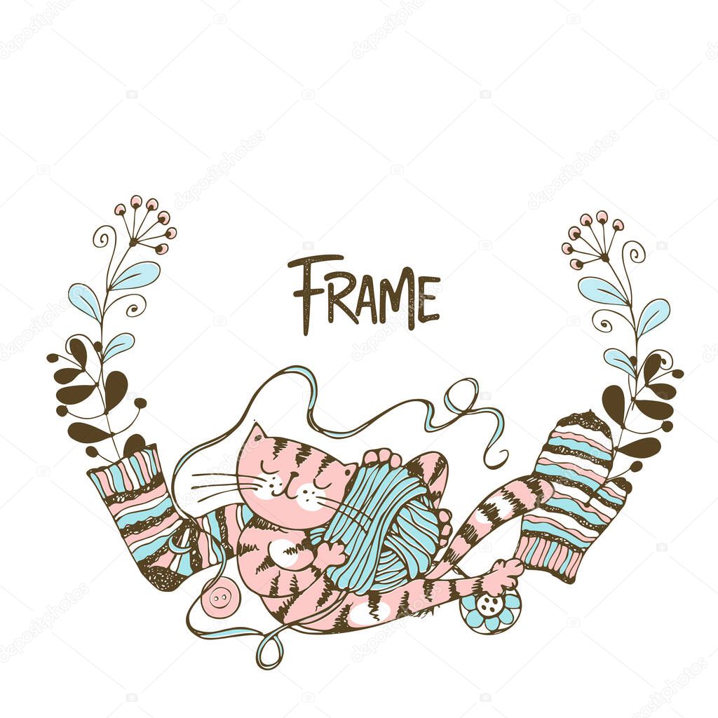 Frame wreath on the theme of knitting with a cute cat playing with a skein of yarn. Vector.