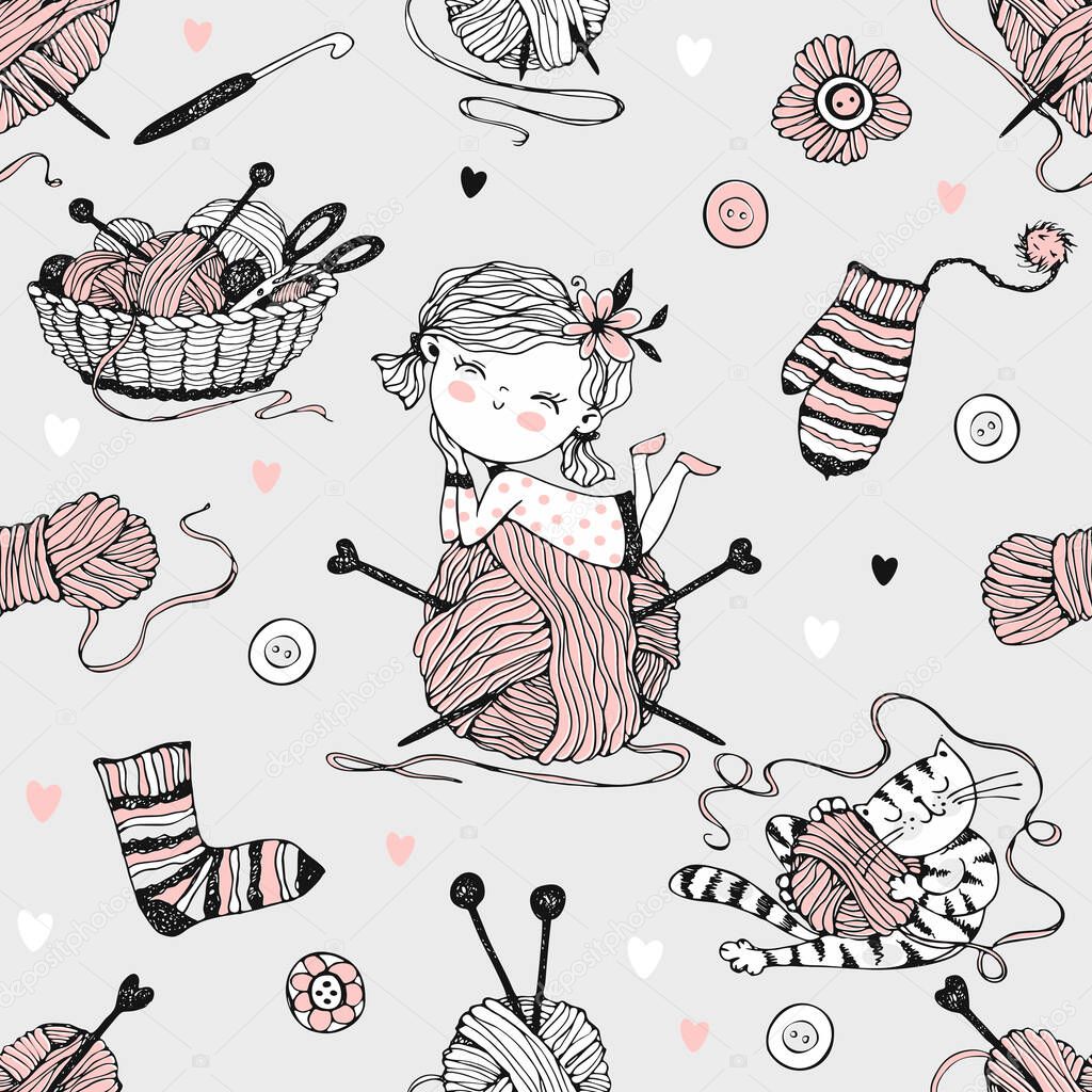 Seamless pattern on the theme of knitting with a cute girl on a large ball of yarn and a cute cat. Vector.