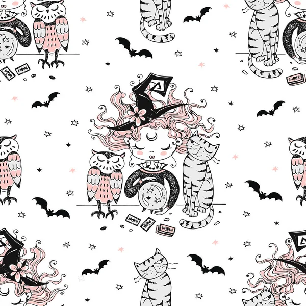 Бесшовный Шаблон Темой Хэллоуина Маленькой Ведьмой Домашними Животными Вектор — стоковый вектор