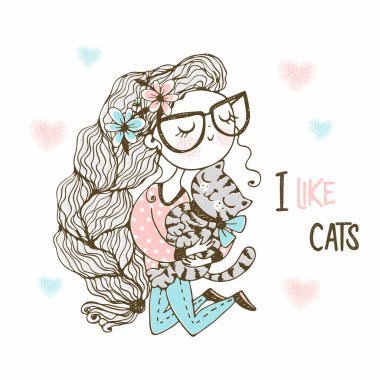 Çekici saçlı tatlı kız kedisini seviyor. Doodle tarzı. Vektör