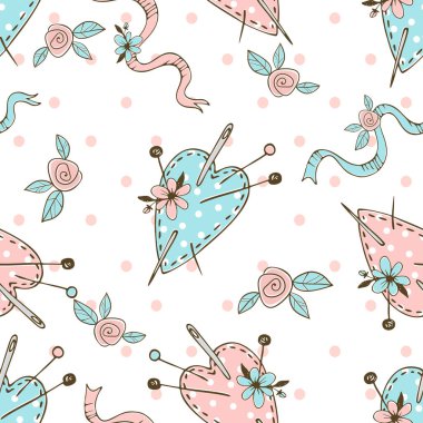 İğne ipliği teması üzerinde iğneler için dikişli kalp yastıkları olan pürüzsüz polka deseni. Vektör.