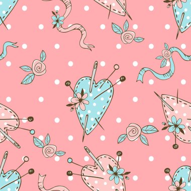 İğne ipliği teması üzerinde iğneler için dikişli kalp yastıkları olan pürüzsüz polka deseni. Vektör.