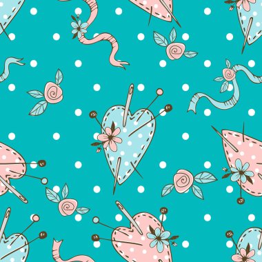 İğne ipliği teması üzerinde iğneler için dikişli kalp yastıkları olan pürüzsüz polka deseni. Vektör.